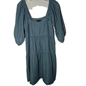 Hunter & Brown Tiered‎ Square Neck Puff Sleeve Denim Dress Medium no pockets